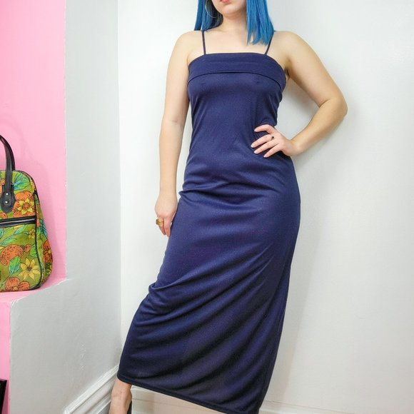 Vintage 90s Navy Glitter Spaghetti Strap Maxi Dress - Picture 2 of 8